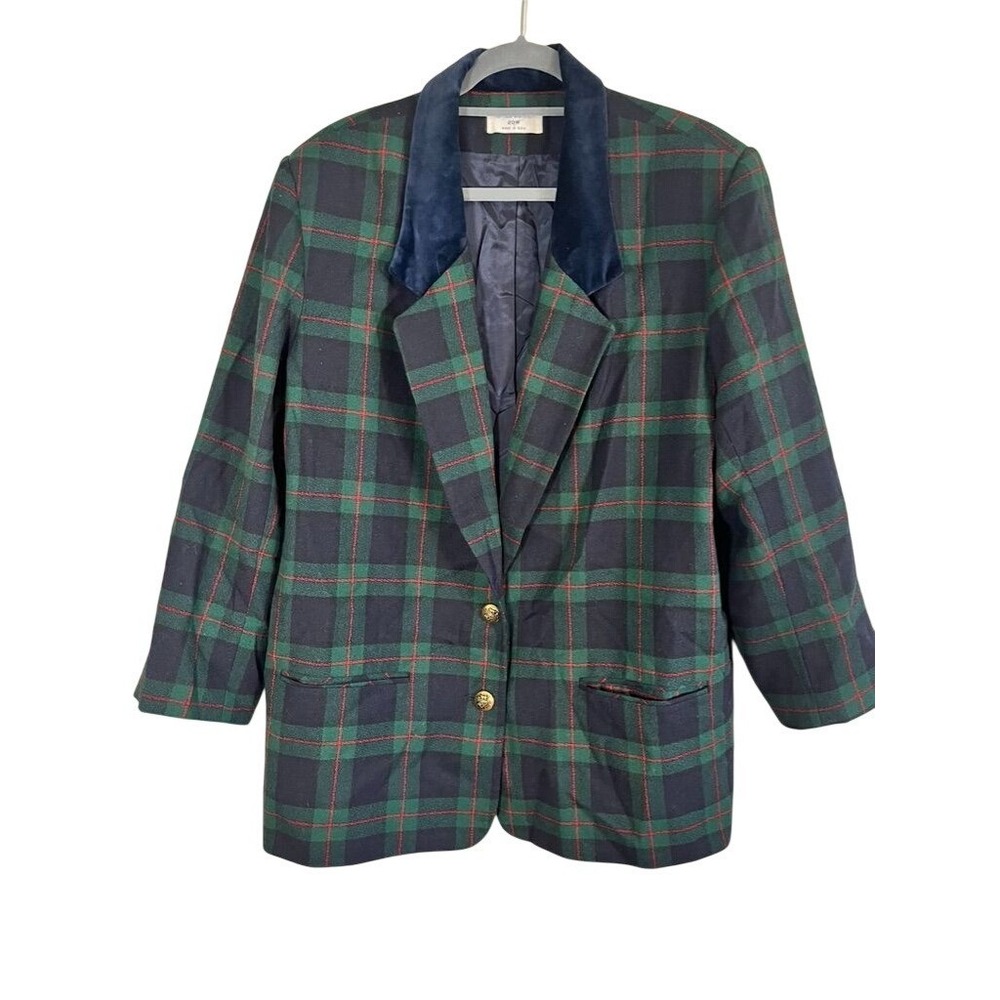Tartan Wool Plaid Blazer Blue 20W Academia Heritage Classic Tailored Old Money